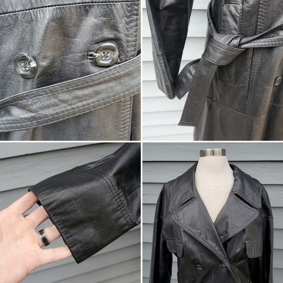 Vintage 70s Black Leather Double Breasted Belted Punk Goth Boho Trench Coat Md - Picture 4 of 6